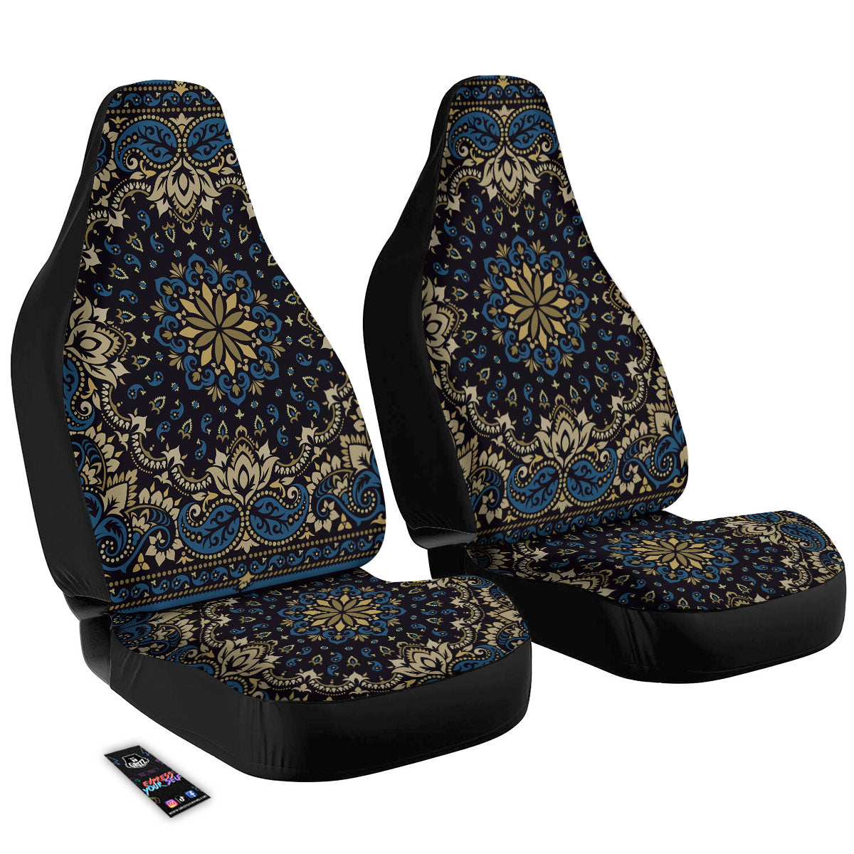 Gold Blue Paisley Bandana Print Car Seat Covers-grizzshop