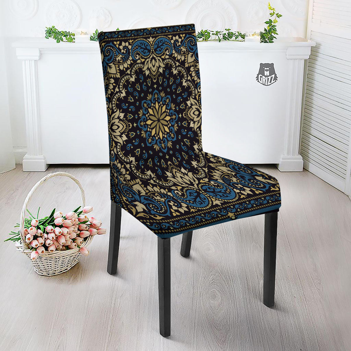 Gold Blue Paisley Bandana Print Dining Chair Slipcover-grizzshop