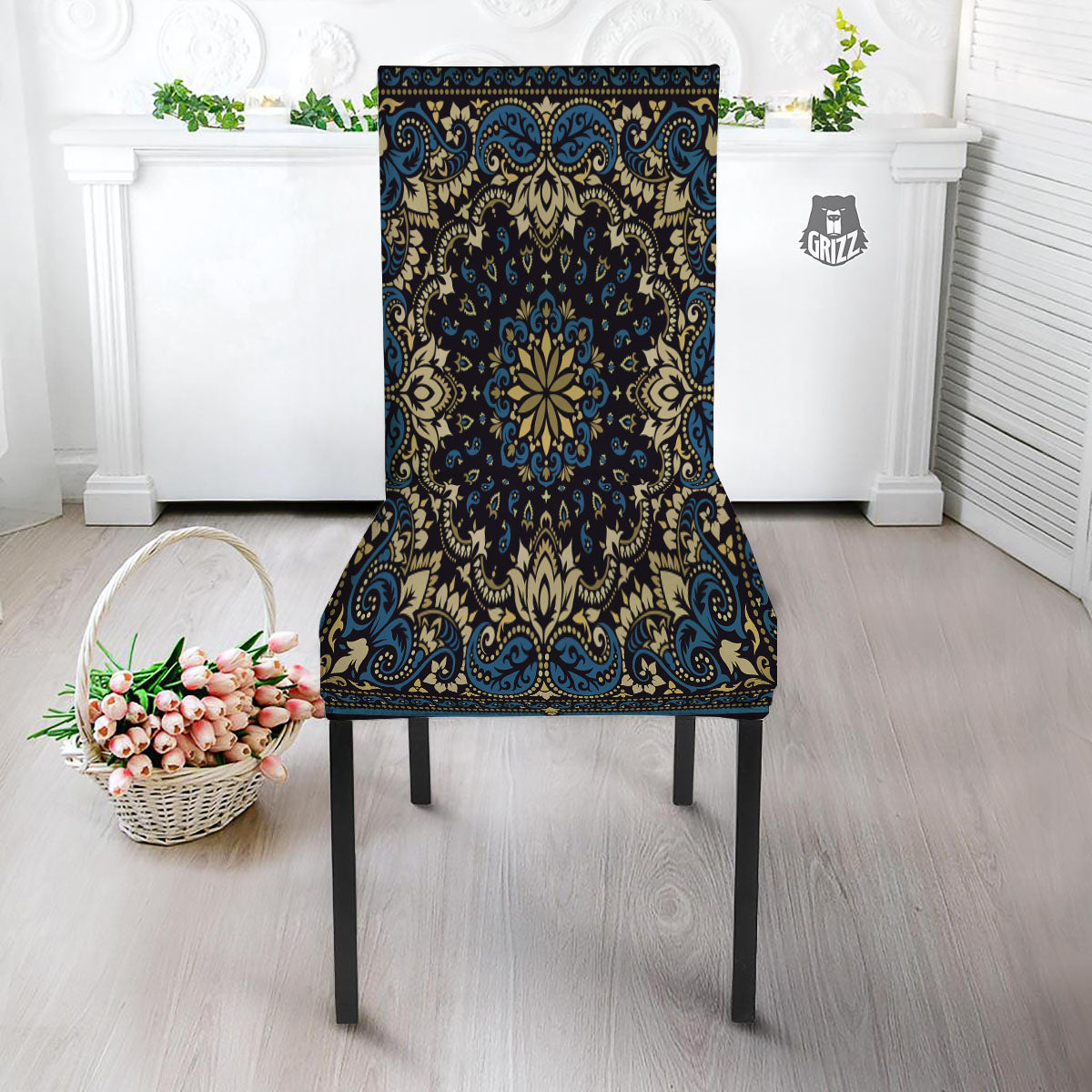 Gold Blue Paisley Bandana Print Dining Chair Slipcover-grizzshop