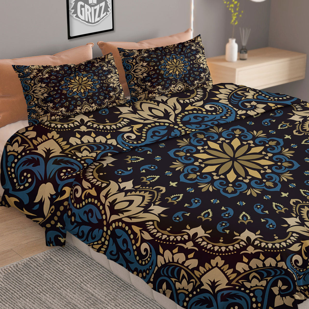 Gold Blue Paisley Bandana Print Duvet Cover Bedding Set