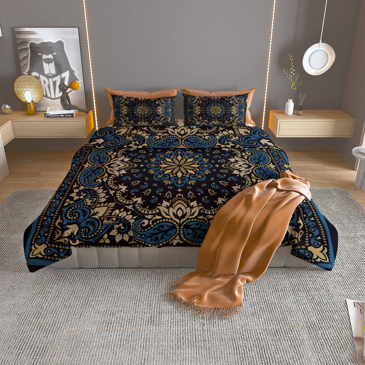 Gold Blue Paisley Bandana Print Duvet Cover Bedding Set