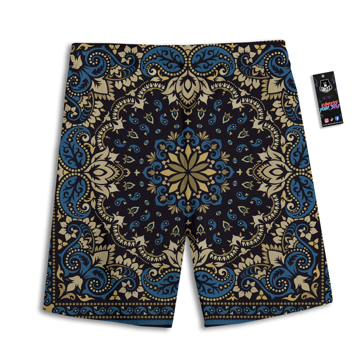 Gold Blue Paisley Bandana Print Men's Athletic Shorts