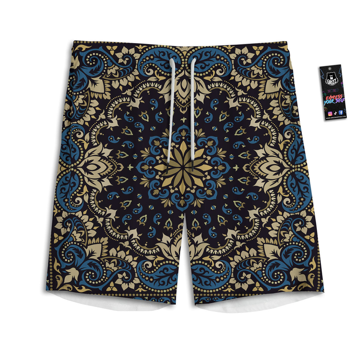 Gold Blue Paisley Bandana Print Men's Athletic Shorts