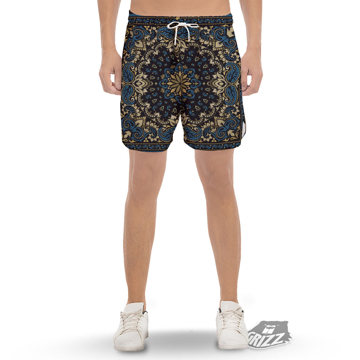 Gold Blue Paisley Bandana Print Men's Gym Shorts-grizzshop