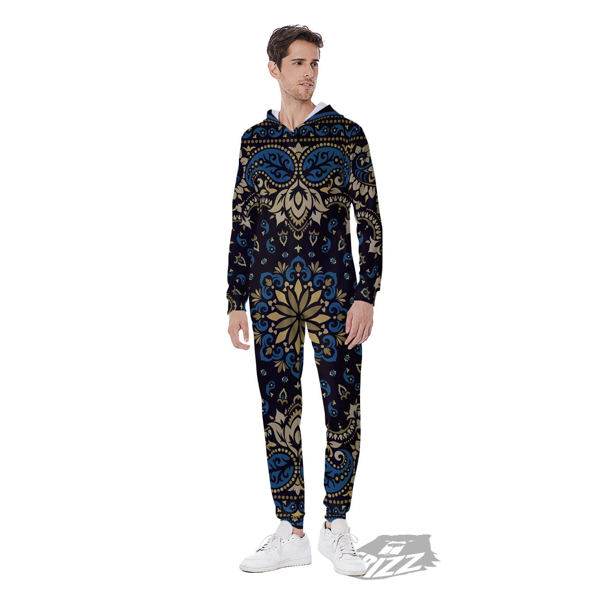 Gold Blue Paisley Bandana Print Men's Jumpsuit-grizzshop