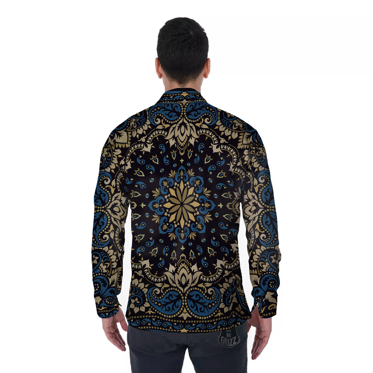 Gold Blue Paisley Bandana Print Men's Long Sleeve Shirts-grizzshop