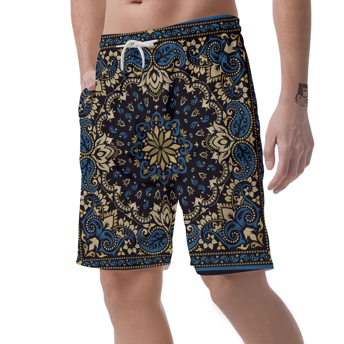 Gold Blue Paisley Bandana Print Men's Shorts-grizzshop