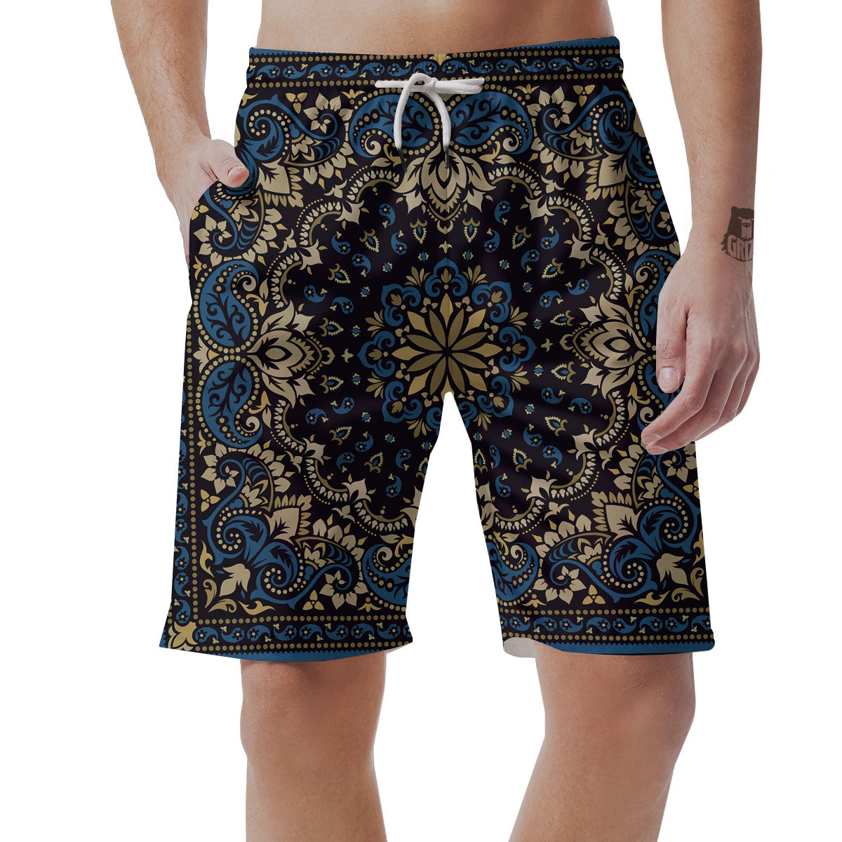 Gold Blue Paisley Bandana Print Men's Shorts-grizzshop