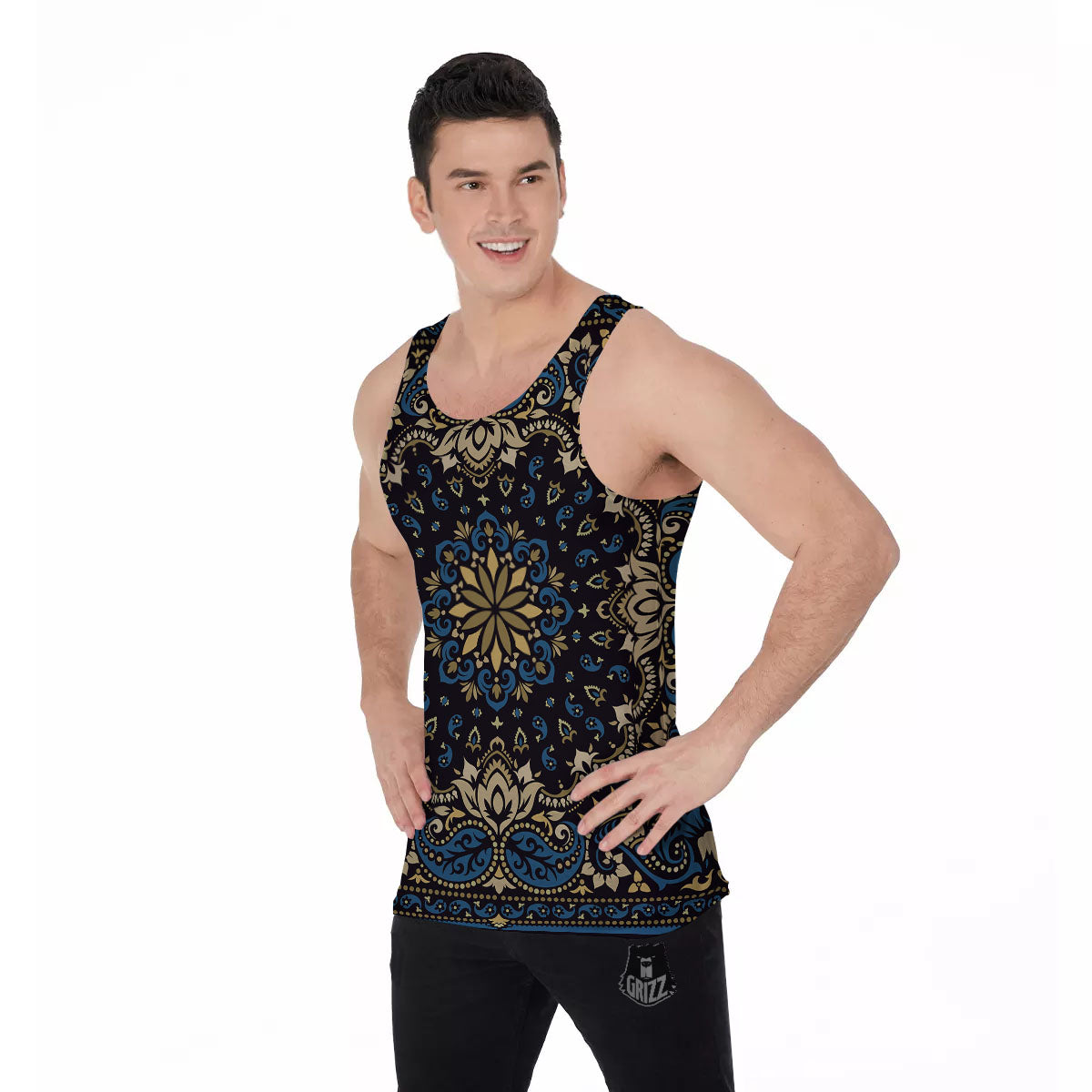 Gold Blue Paisley Bandana Print Men's Tank Top-grizzshop