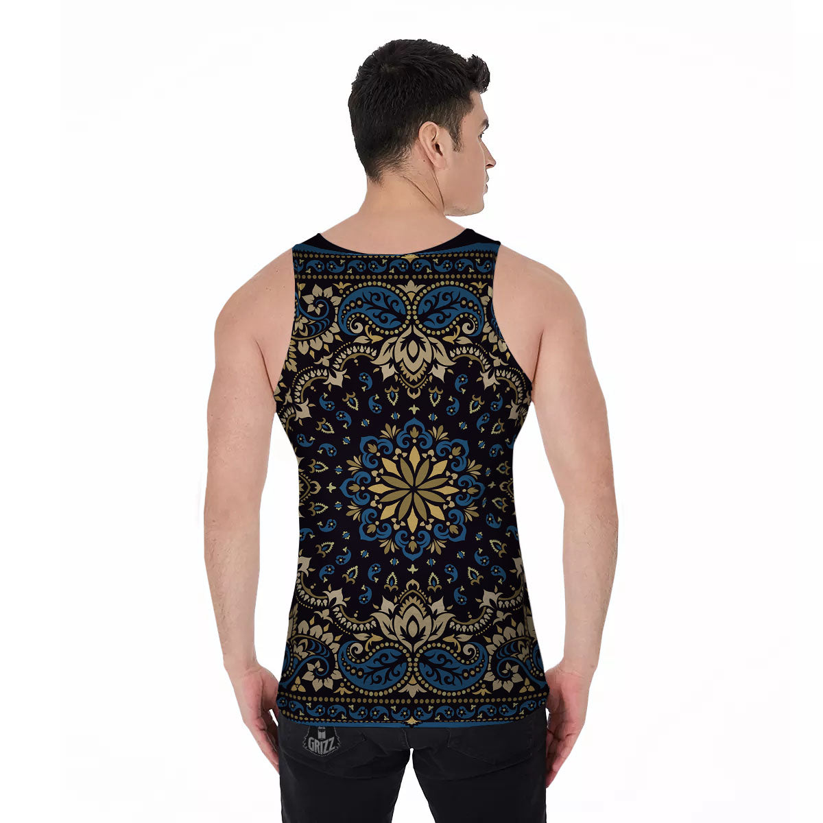 Gold Blue Paisley Bandana Print Men's Tank Top-grizzshop