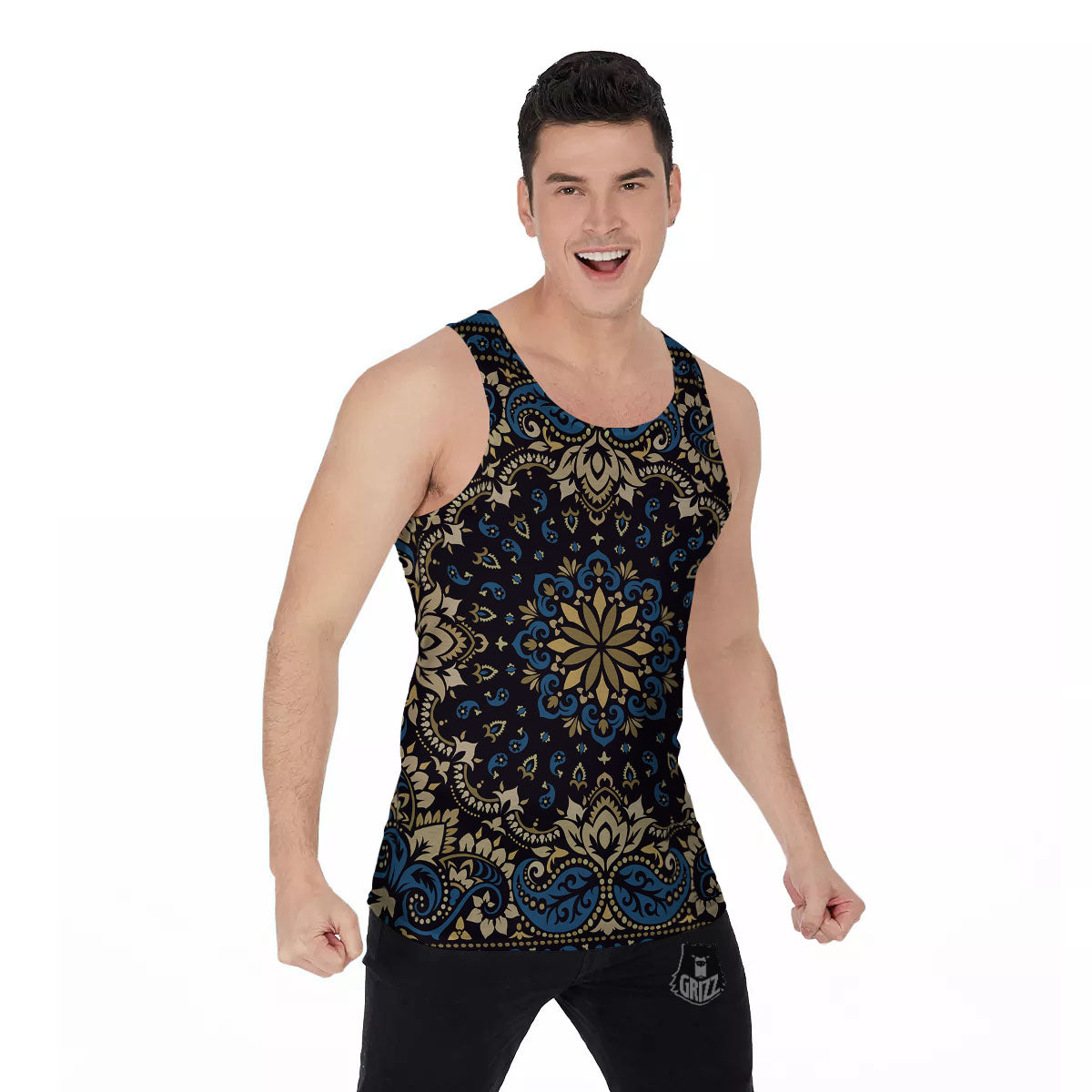 Gold Blue Paisley Bandana Print Men's Tank Top-grizzshop