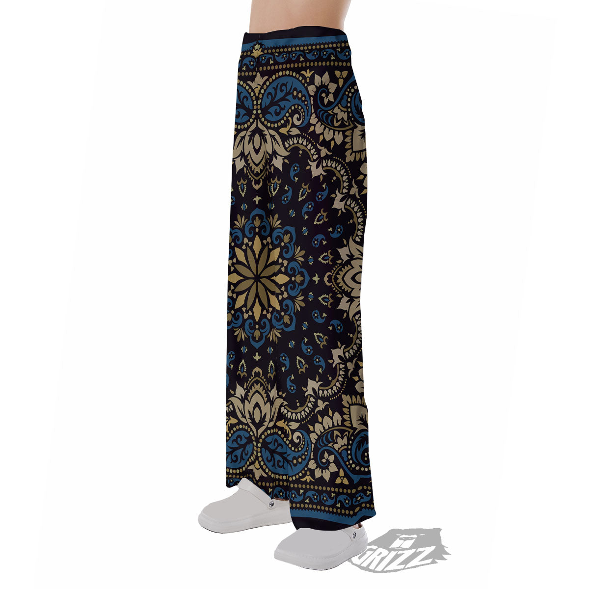 Gold Blue Paisley Bandana Print Pajama Pants-grizzshop