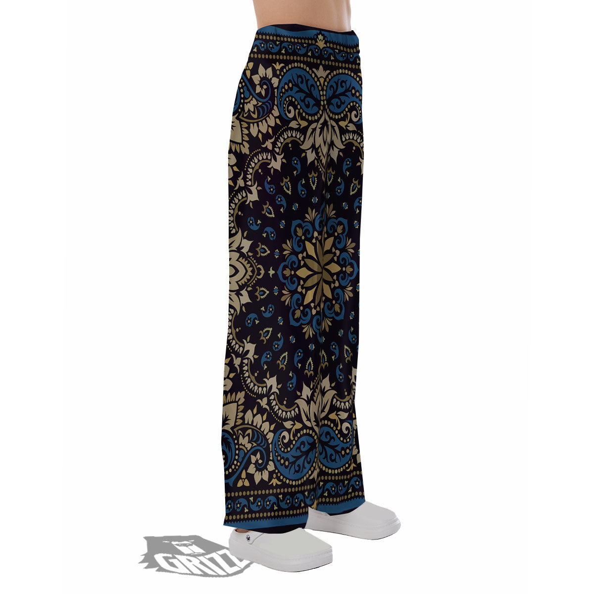 Gold Blue Paisley Bandana Print Pajama Pants-grizzshop