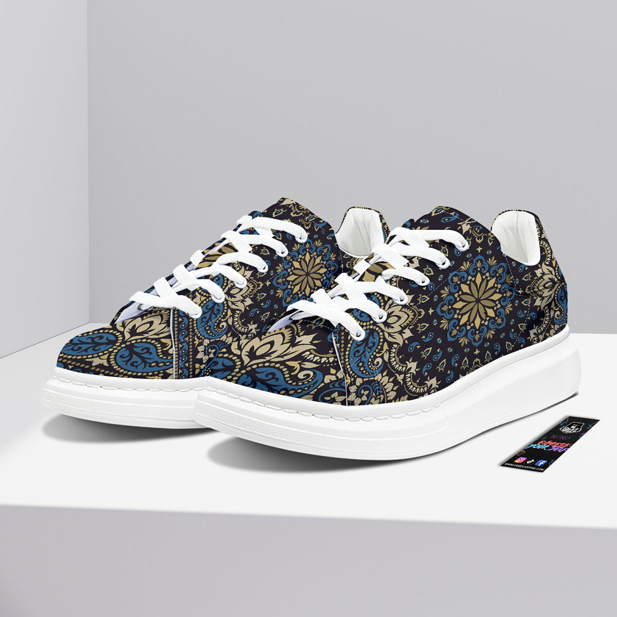 Gold Blue Paisley Bandana Print Platform Shoes-grizzshop