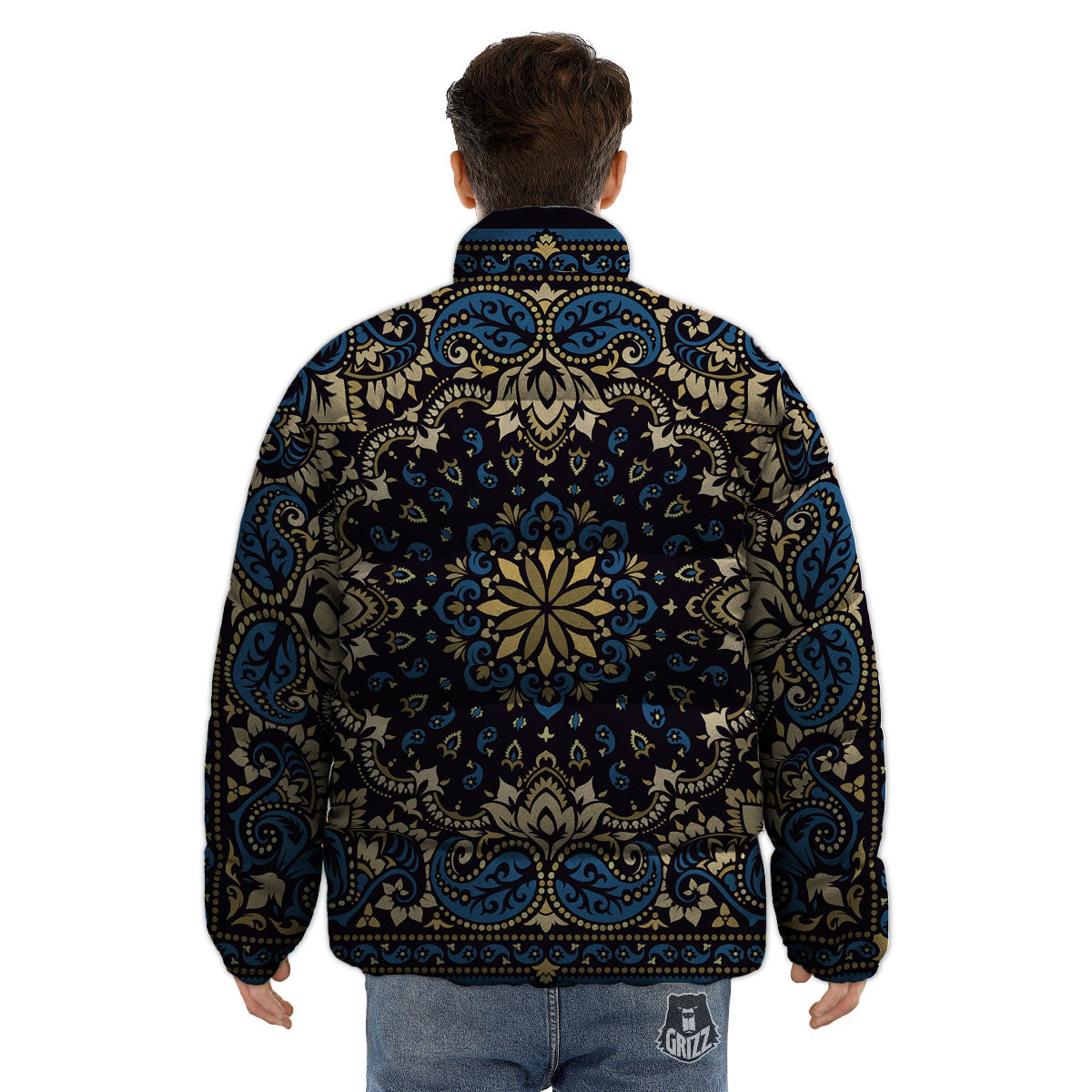 Gold Blue Paisley Bandana Print Puffer Jacket-grizzshop
