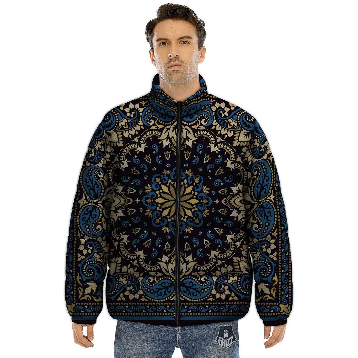 Gold Blue Paisley Bandana Print Puffer Jacket-grizzshop