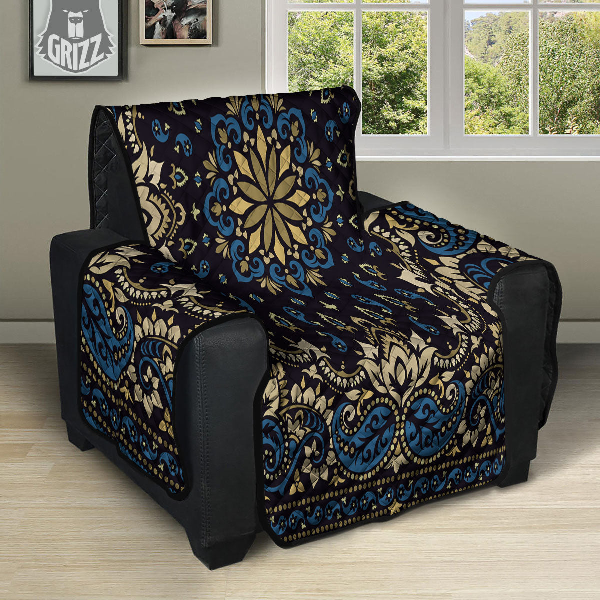 Gold Blue Paisley Bandana Print Recliner Protector-grizzshop