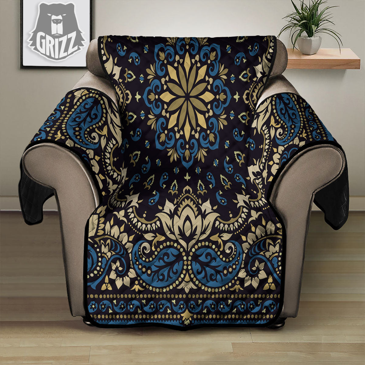 Gold Blue Paisley Bandana Print Recliner Protector-grizzshop