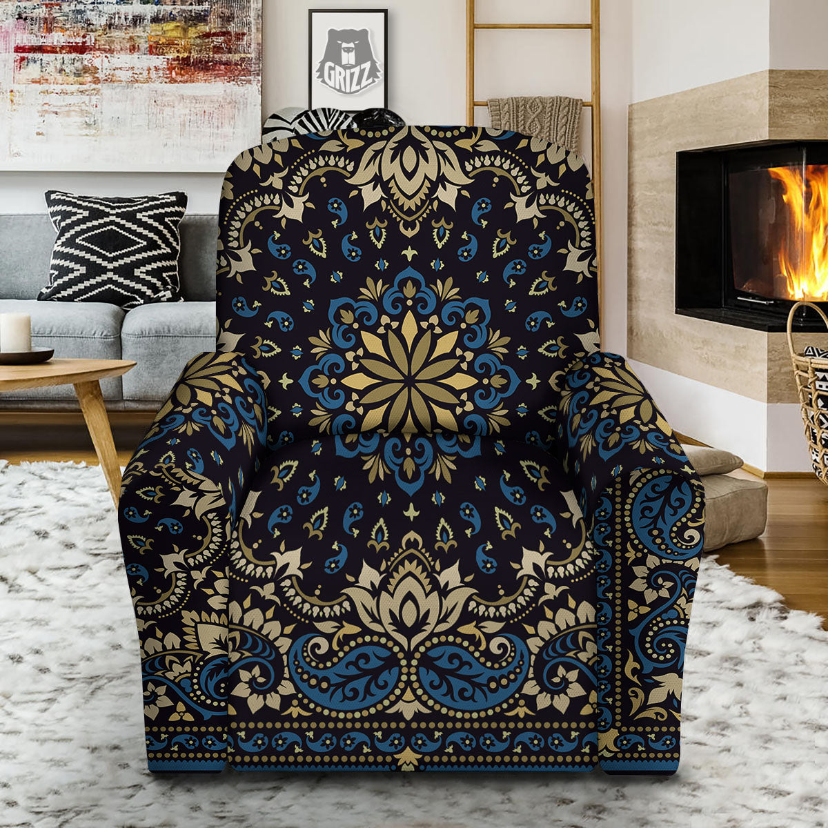 Gold Blue Paisley Bandana Print Recliner Slipcover-grizzshop