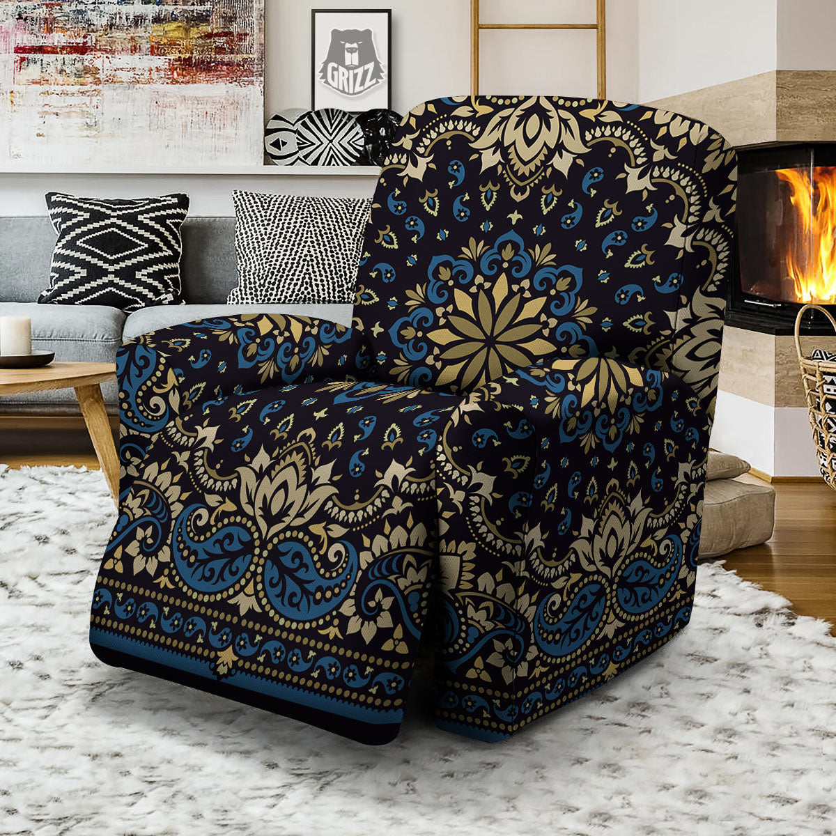 Gold Blue Paisley Bandana Print Recliner Slipcover-grizzshop