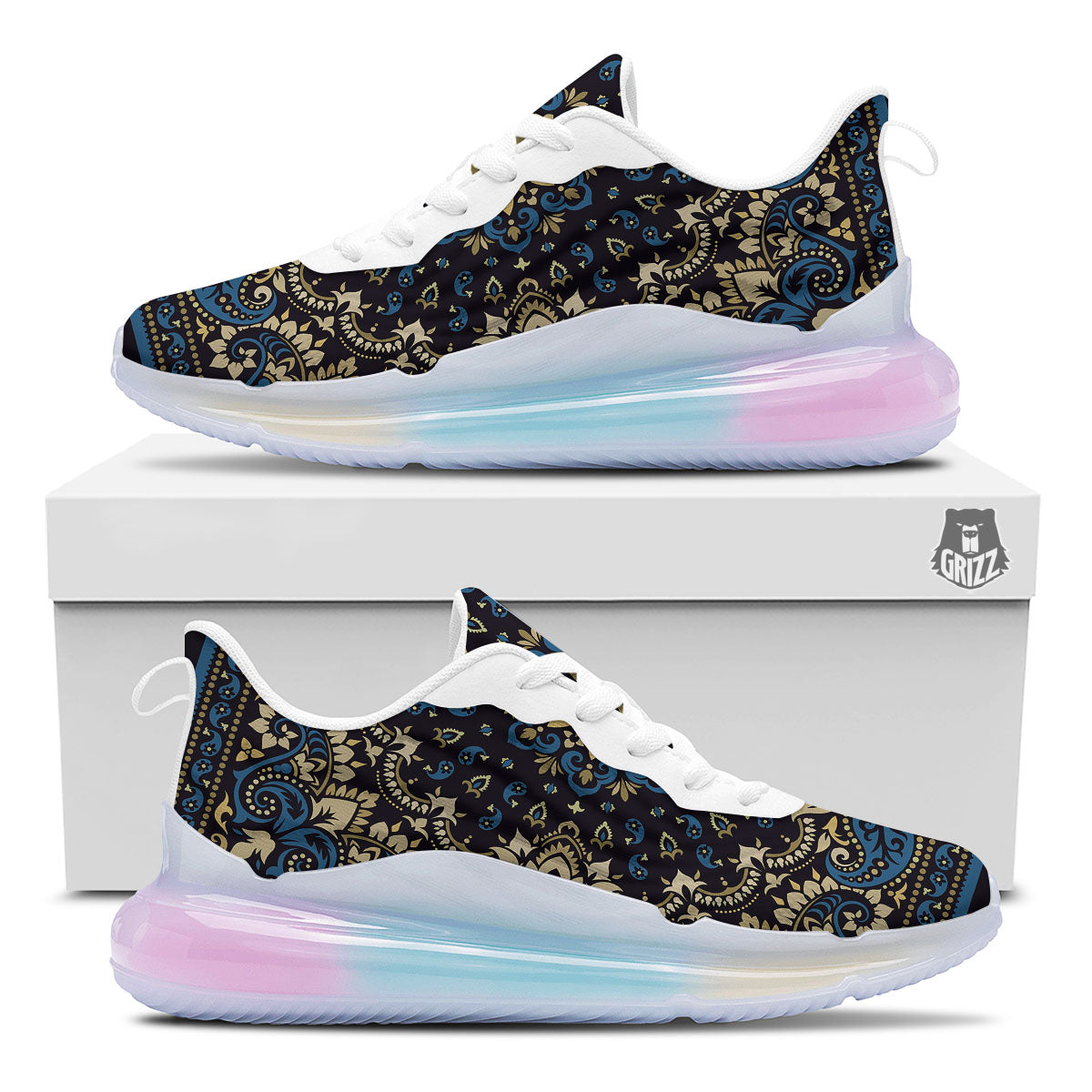 Gold Blue Paisley Bandana Print Running Sneakers-grizzshop