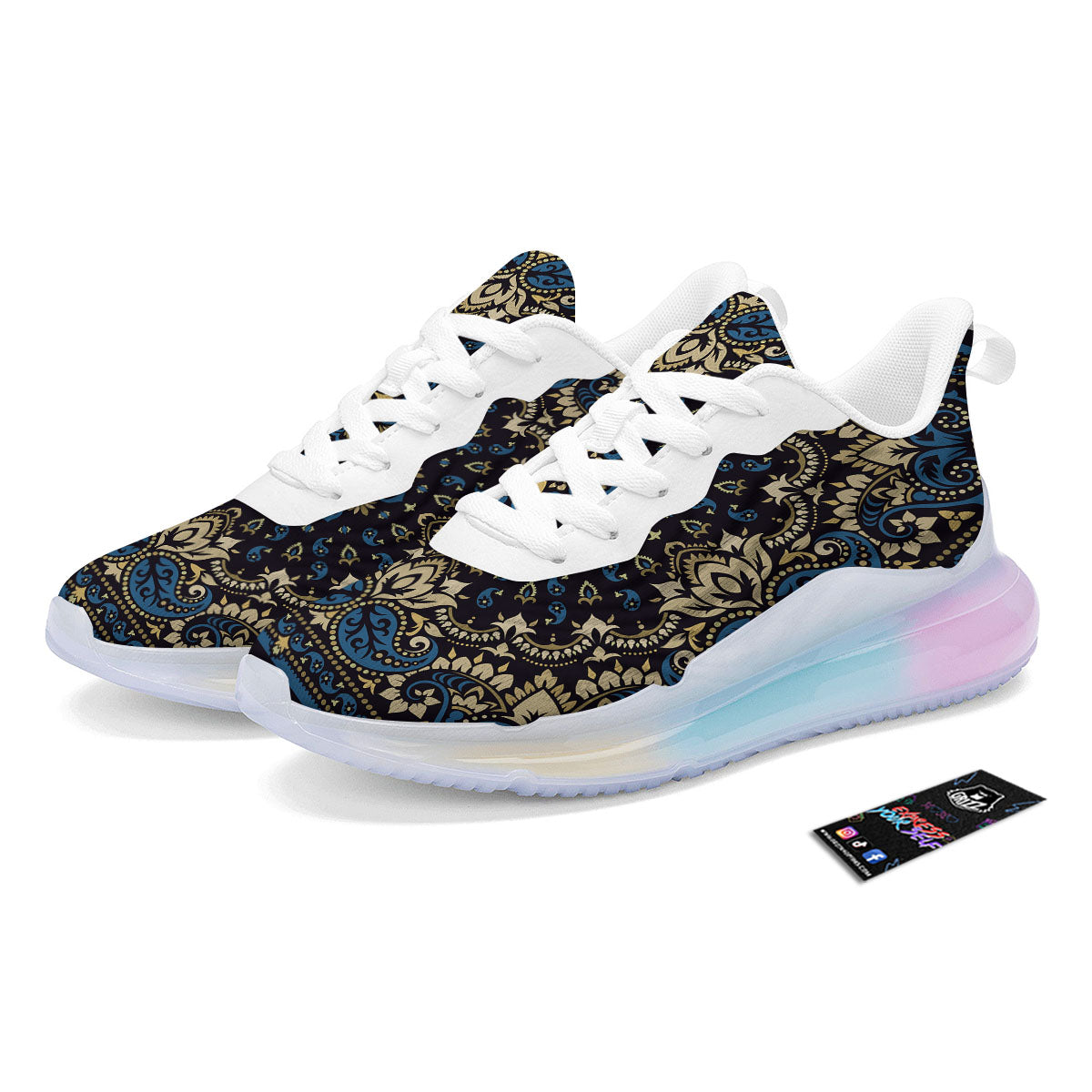 Gold Blue Paisley Bandana Print Running Sneakers-grizzshop