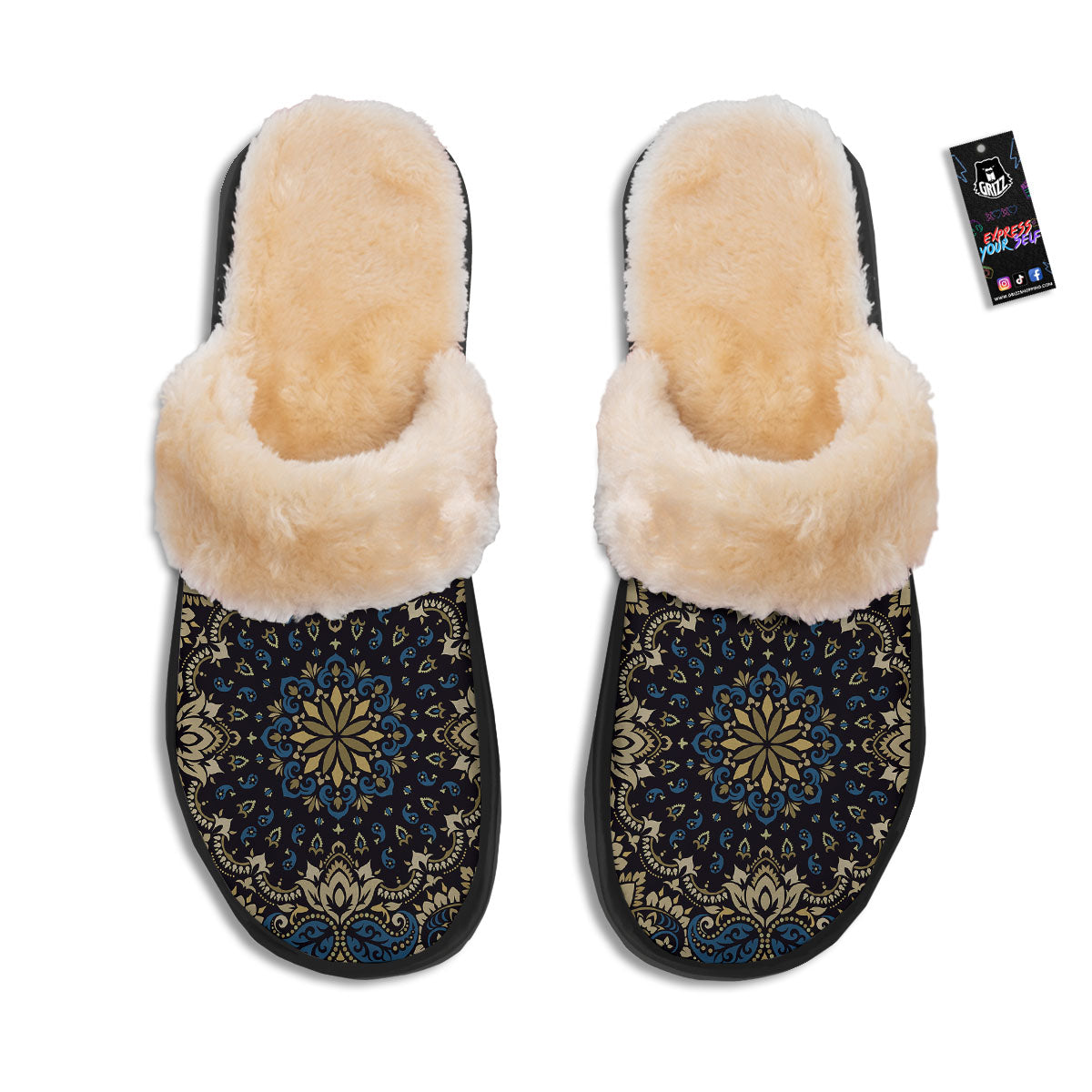 Gold Blue Paisley Bandana Print Slippers-grizzshop