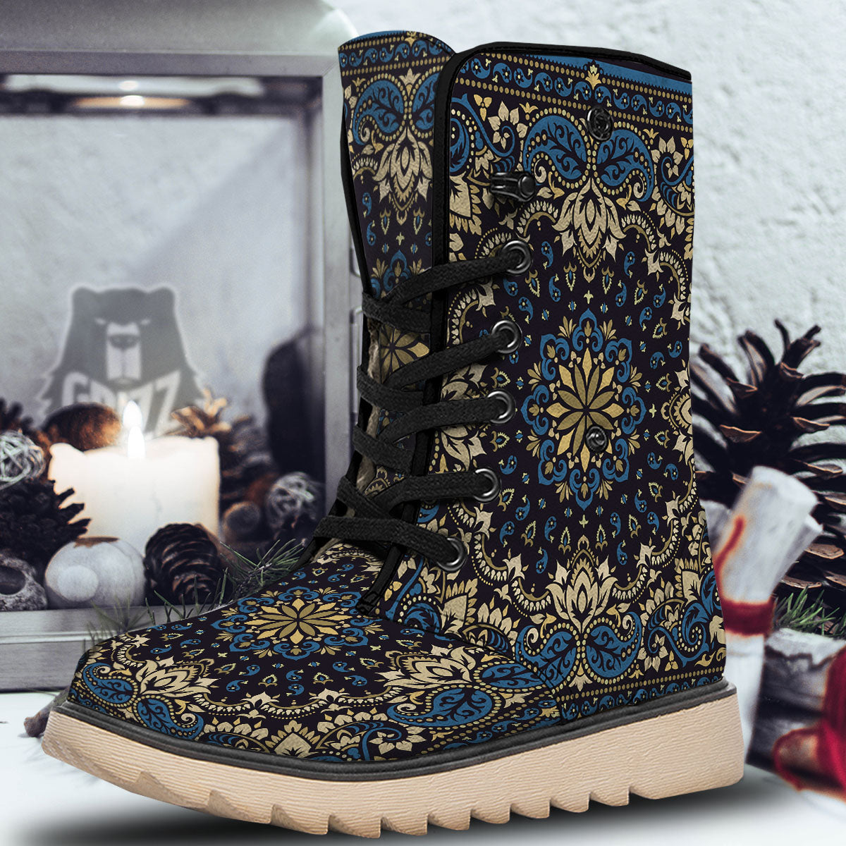 Gold Blue Paisley Bandana Print Snow Boots-grizzshop