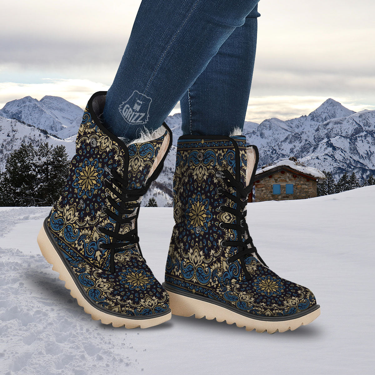 Gold Blue Paisley Bandana Print Snow Boots-grizzshop