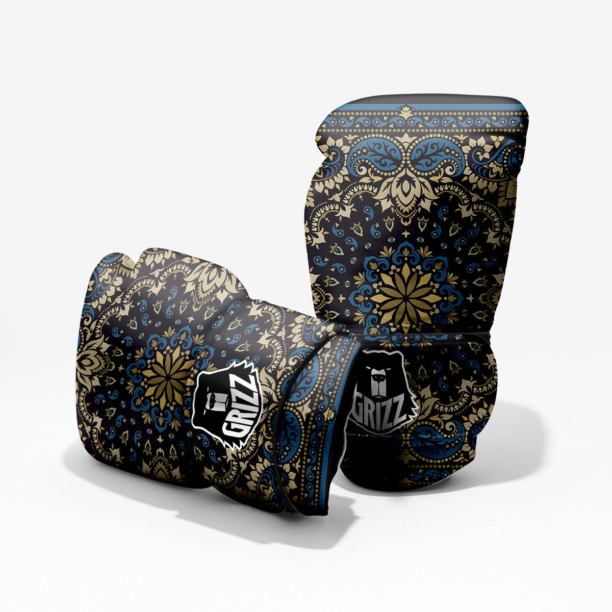 Gold Blue Paisley Bandana Print Pro Boxing Glove