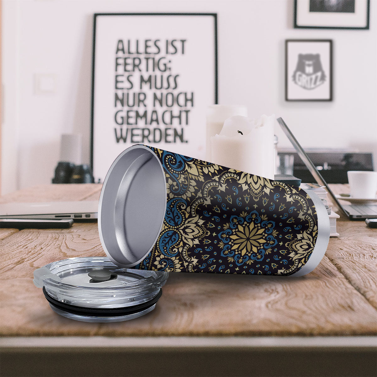 Gold Blue Paisley Bandana Print Tumbler-grizzshop