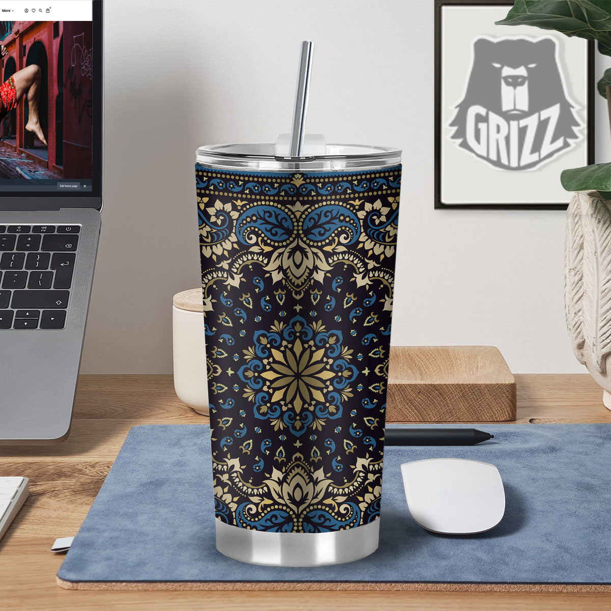 Gold Blue Paisley Bandana Print Tumbler-grizzshop