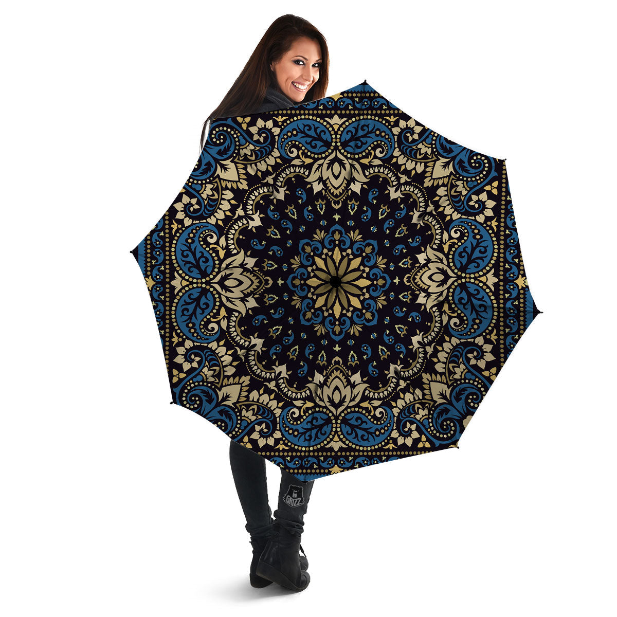 Gold Blue Paisley Bandana Print Umbrella-grizzshop