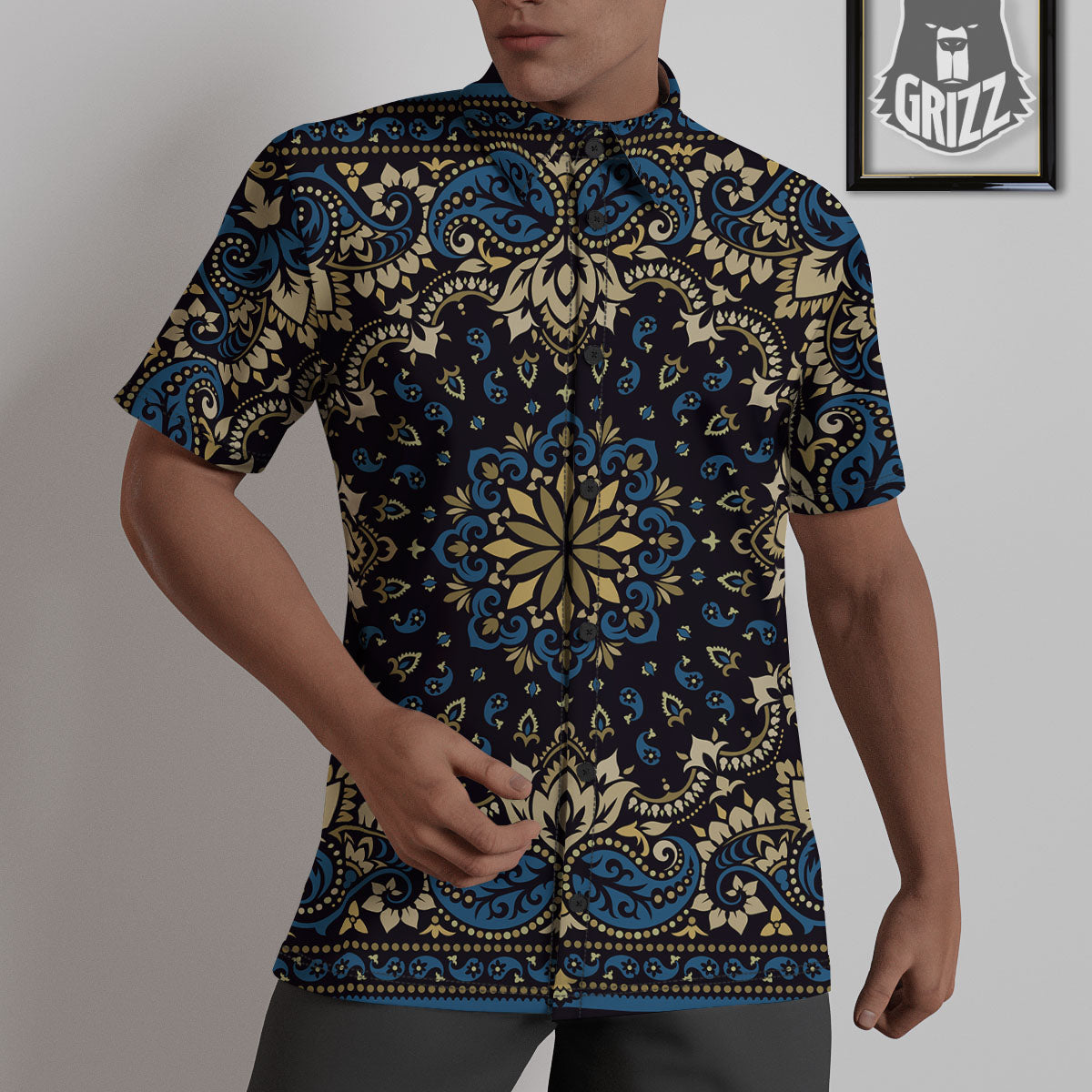 Gold Blue Paisley Bandana Print Untucked Shirts-grizzshop