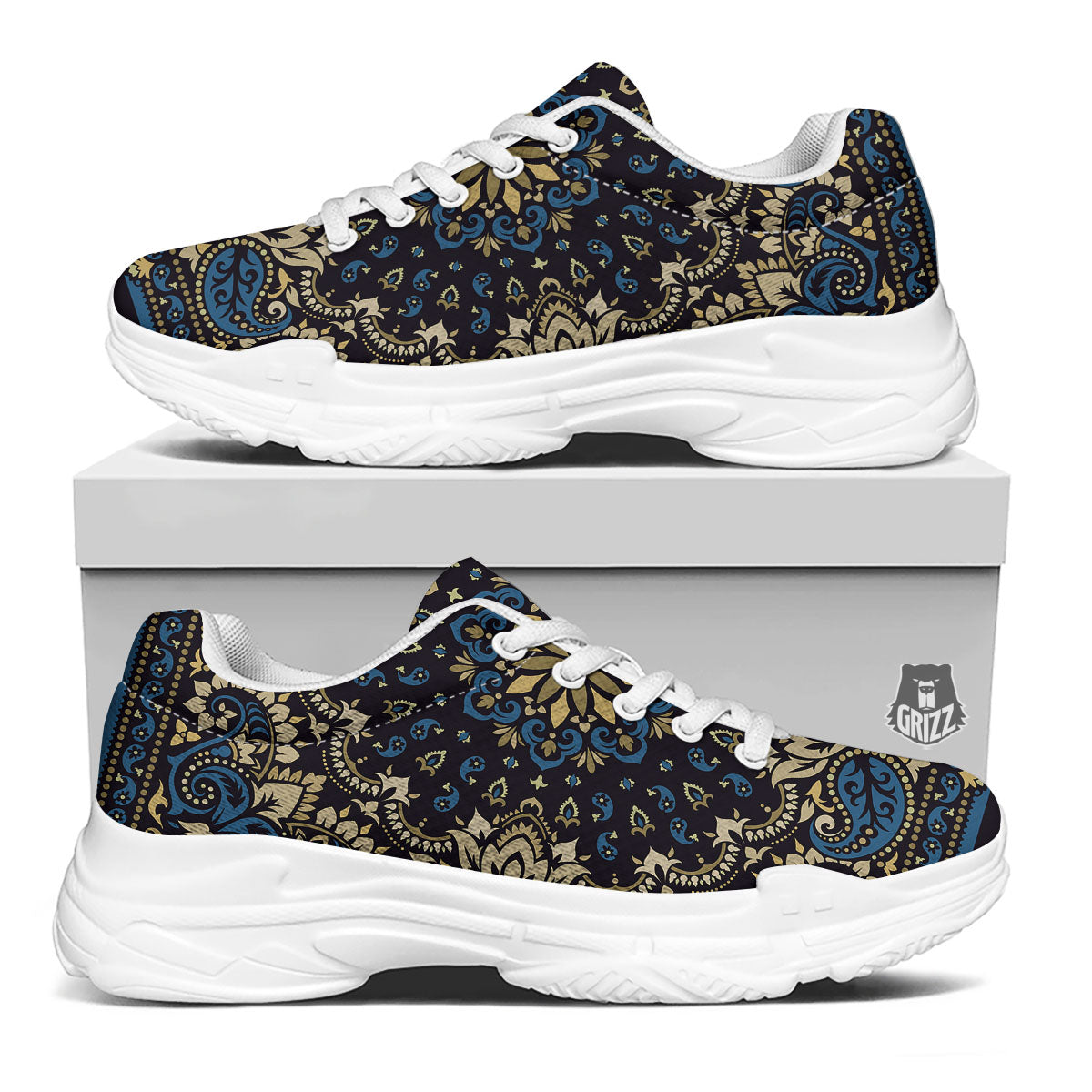 Gold Blue Paisley Bandana Print White Chunky Shoes-grizzshop