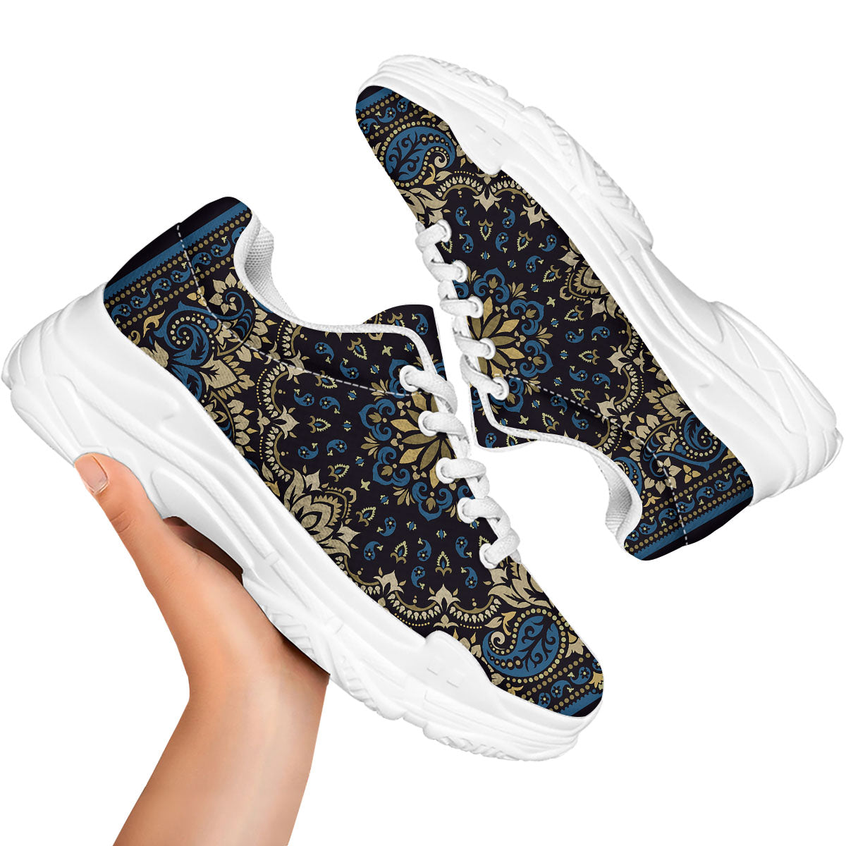 Gold Blue Paisley Bandana Print White Chunky Shoes-grizzshop