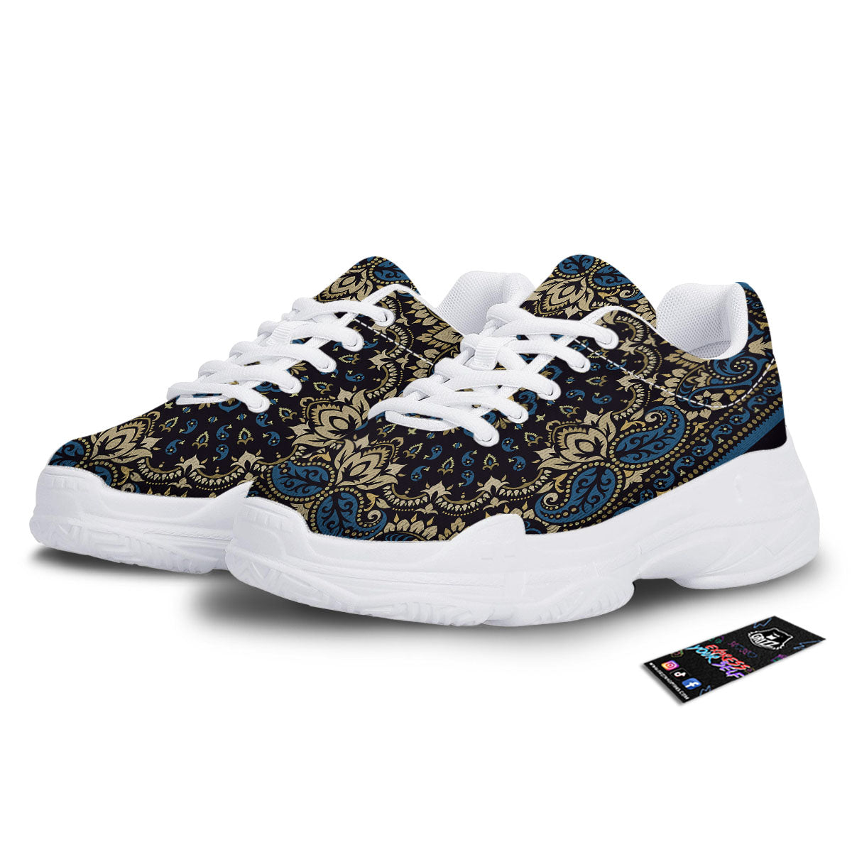Gold Blue Paisley Bandana Print White Chunky Shoes-grizzshop