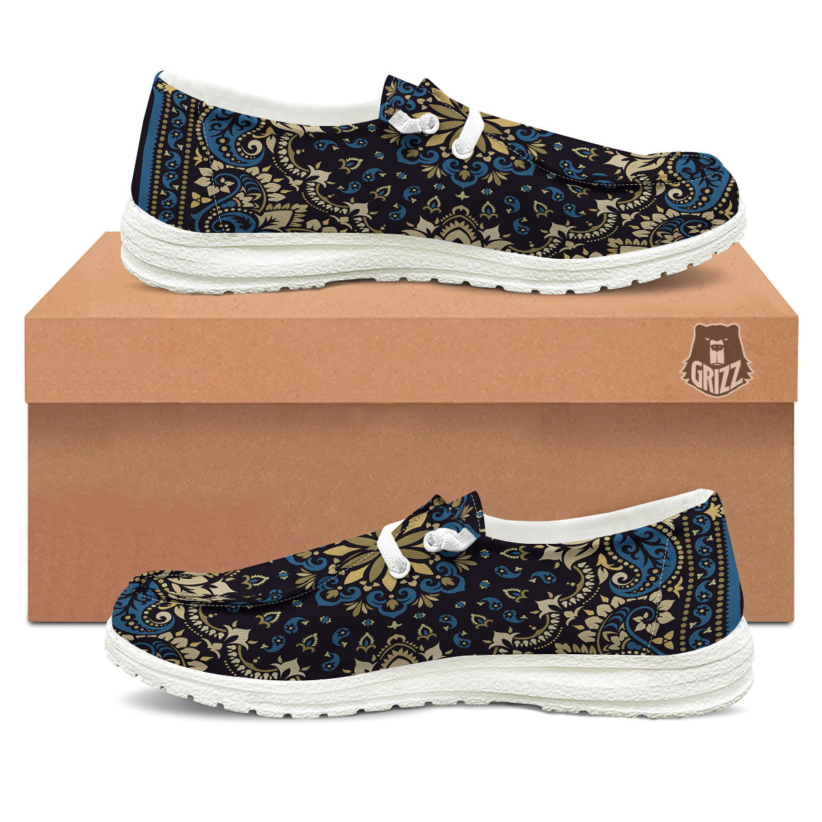 Gold Blue Paisley Bandana Print White Loafers-grizzshop