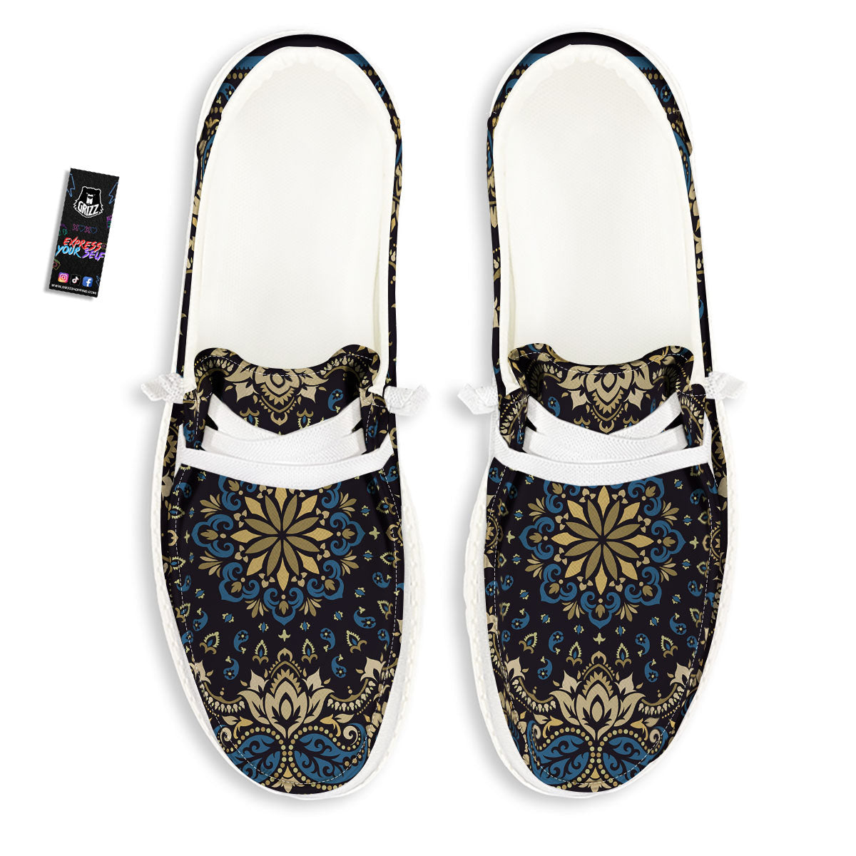 Gold Blue Paisley Bandana Print White Loafers-grizzshop