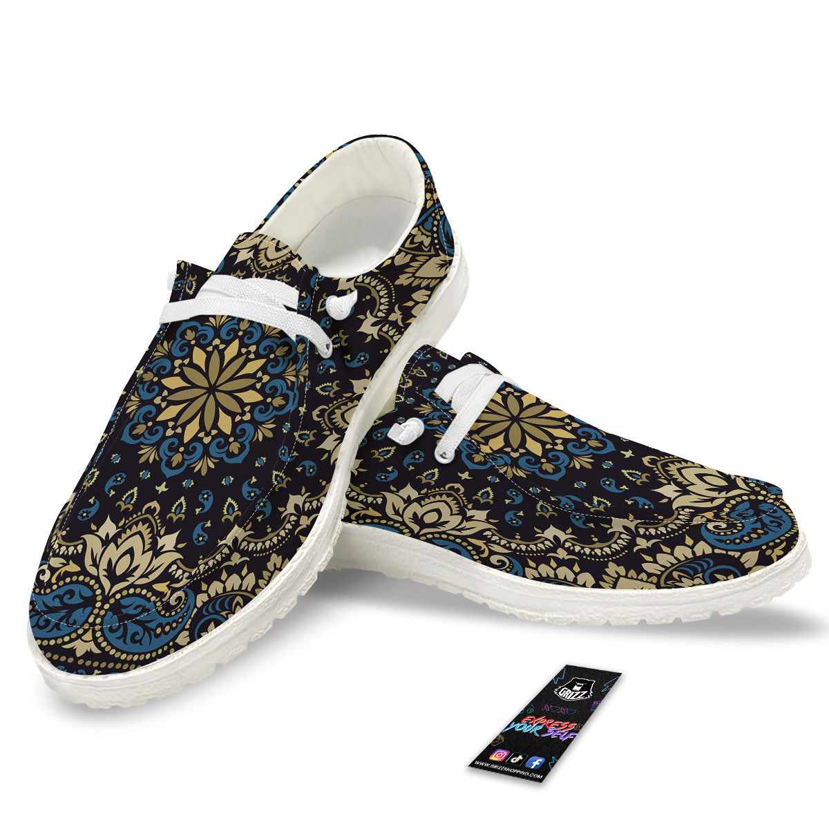 Gold Blue Paisley Bandana Print White Loafers-grizzshop