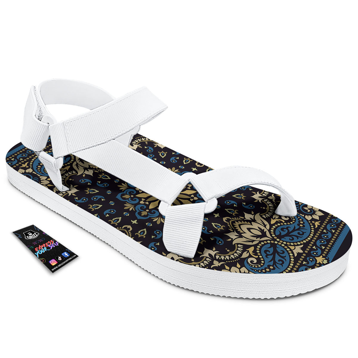 Gold Blue Paisley Bandana Print White Open Toe Sandals-grizzshop