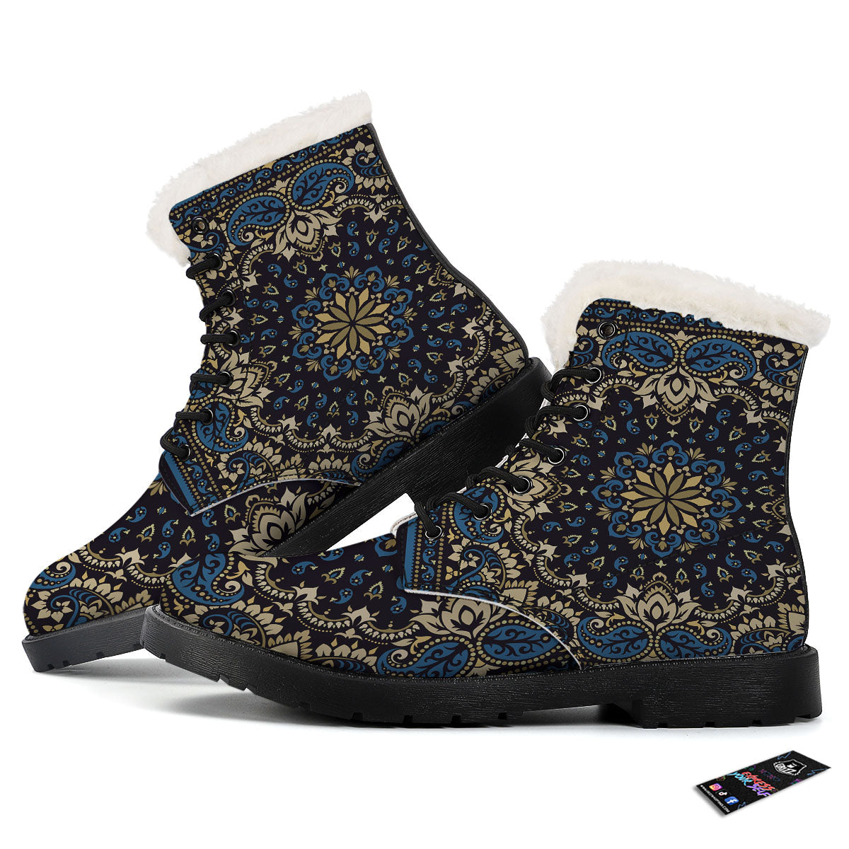 Gold Blue Paisley Bandana Print Winter Boots-grizzshop
