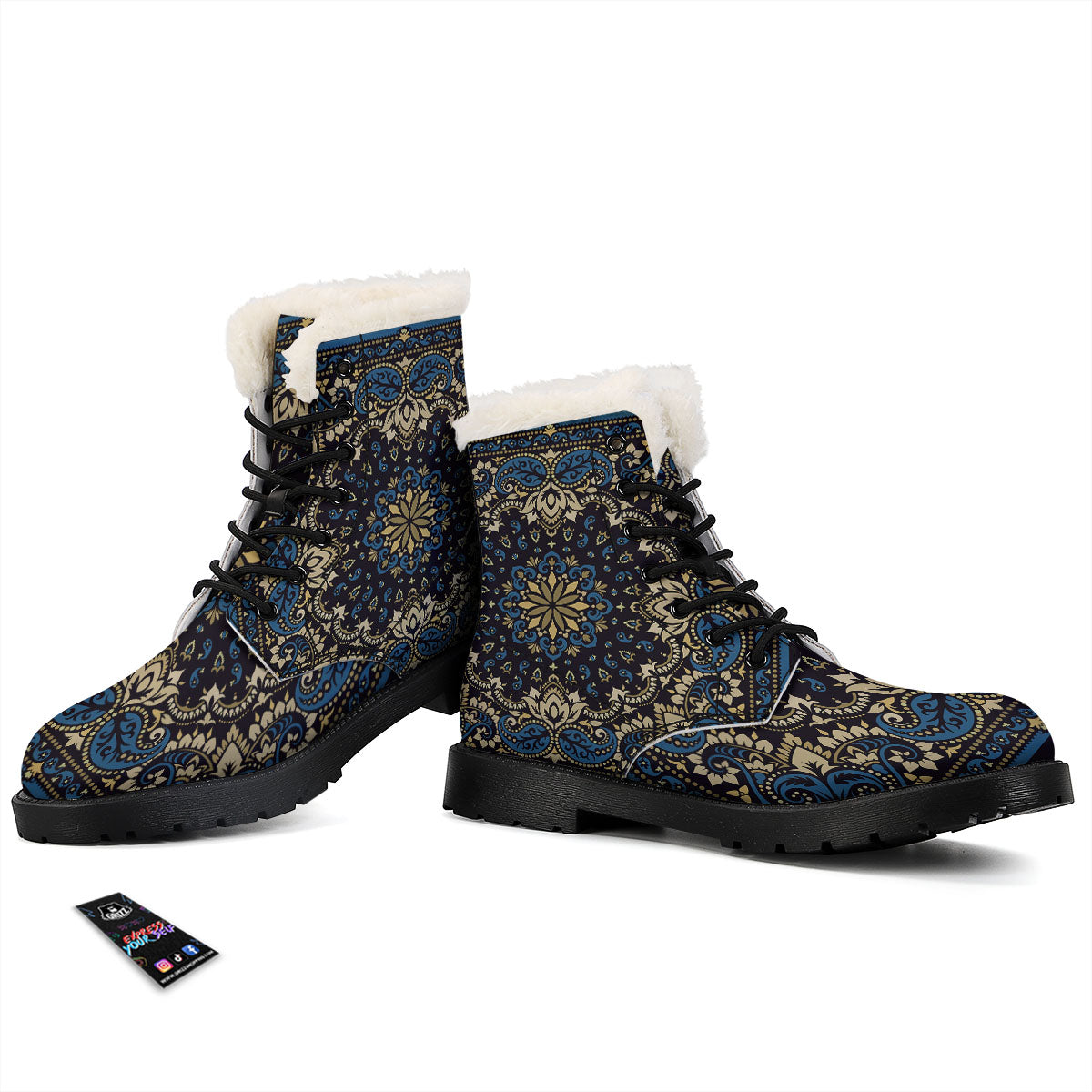 Gold Blue Paisley Bandana Print Winter Boots-grizzshop