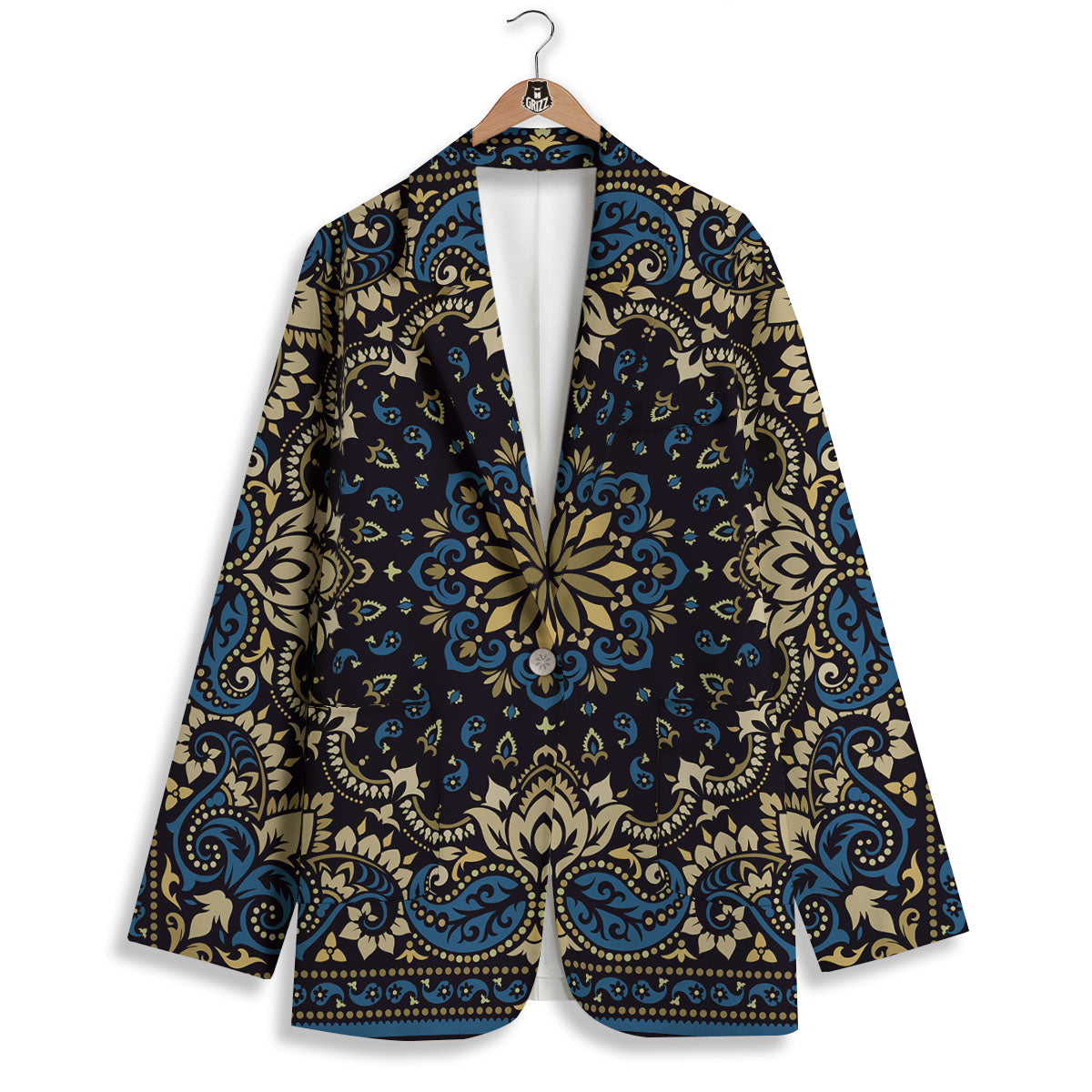 Gold Blue Paisley Bandana Print Women's Blazer-grizzshop