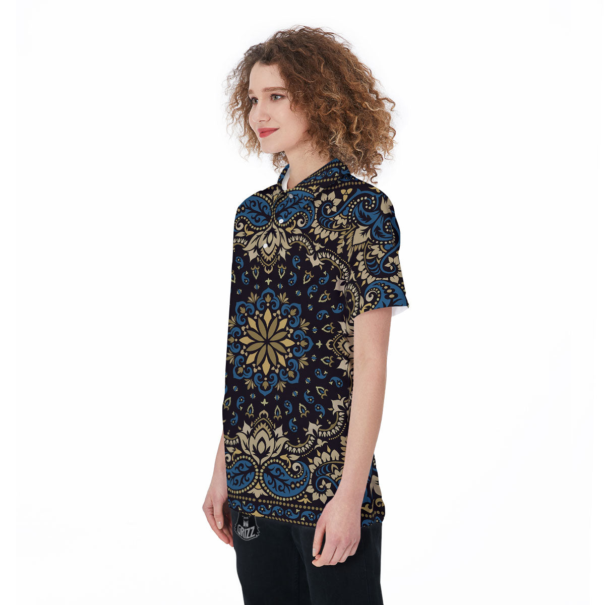 Gold Blue Paisley Bandana Print Women's Golf Shirts-grizzshop