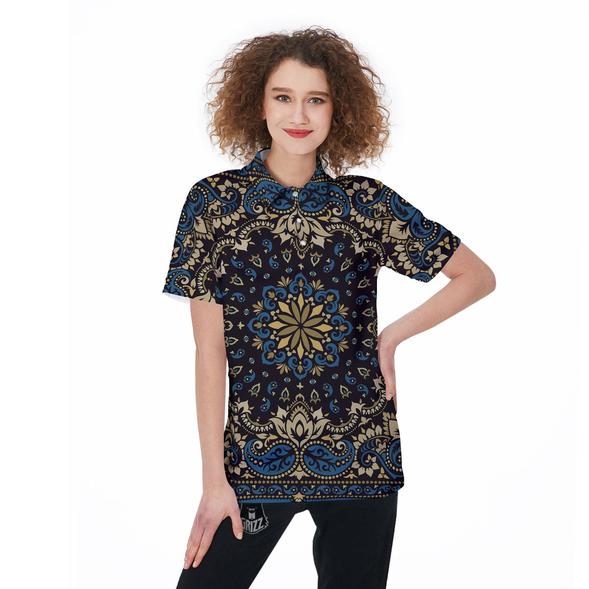 Gold Blue Paisley Bandana Print Women's Golf Shirts-grizzshop