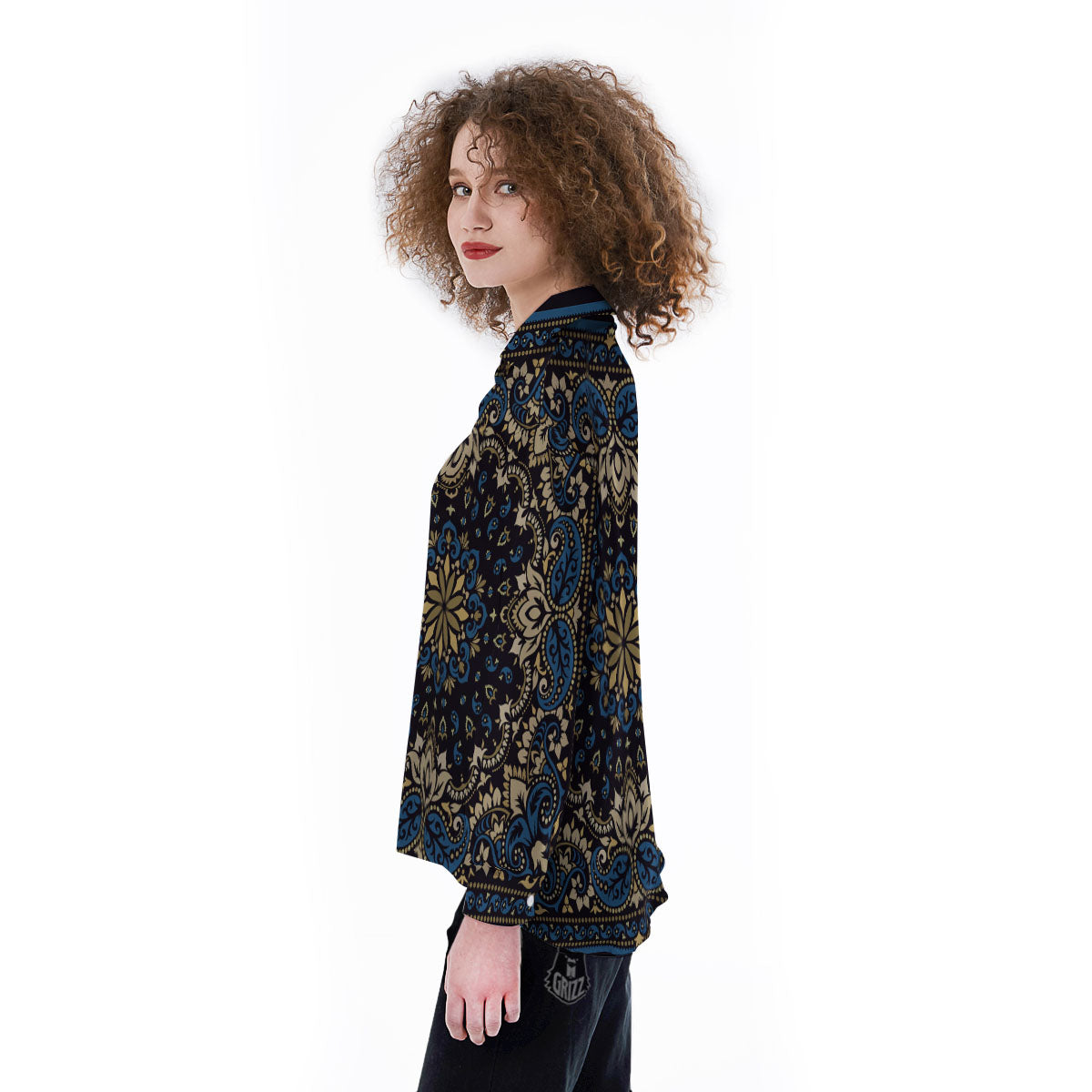 Gold Blue Paisley Bandana Print Women's Long Sleeve Shirts-grizzshop