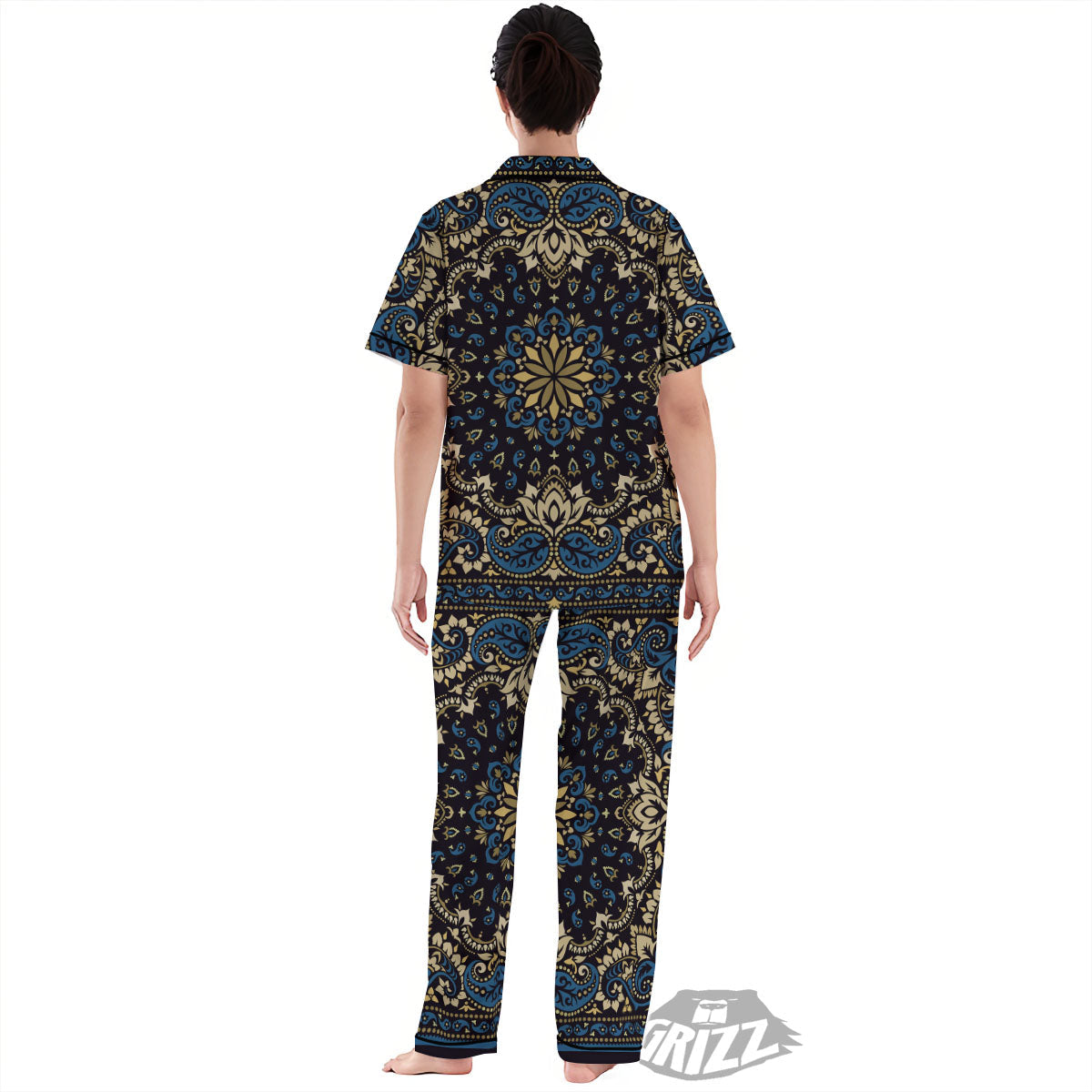 Gold Blue Paisley Bandana Print Women's Pajamas Set-grizzshop