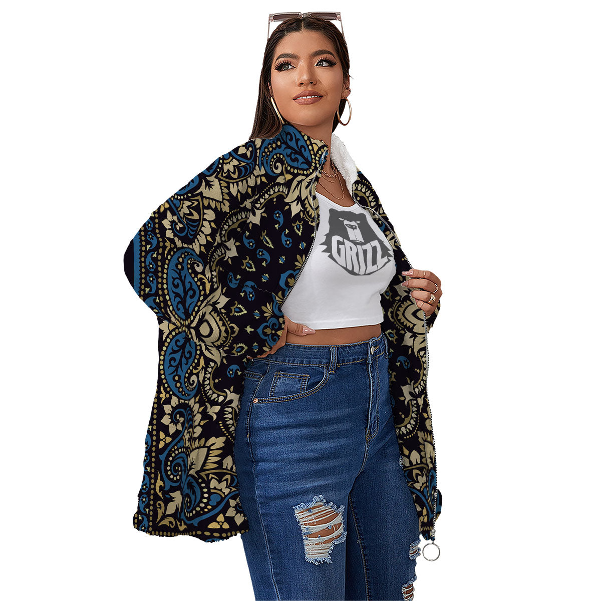 Gold Blue Paisley Bandana Print Women's Sherpa Jacket-grizzshop