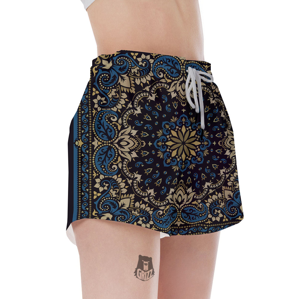 Gold Blue Paisley Bandana Print Women's Shorts-grizzshop